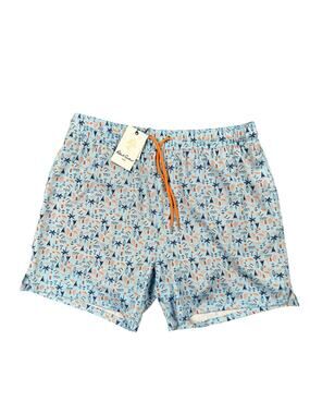 Robert Graham Beach Days Swim Trunks Light Blue Navy Orange — Large